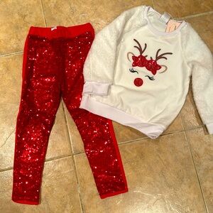 Btw girls holiday outfit. Sequin pants, matching plush top